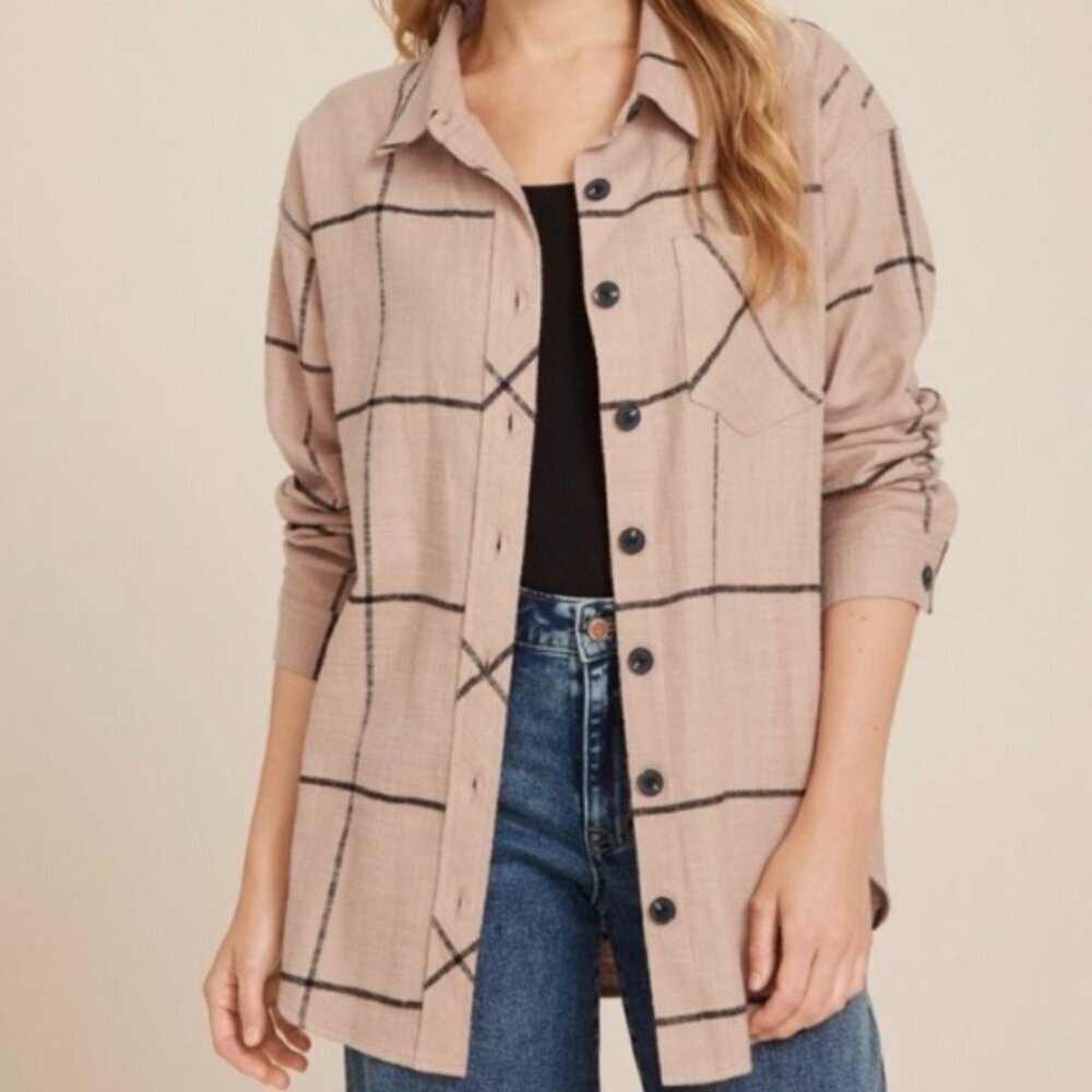 Maurice's Plus Size 2x Flannel Plaid Button Down Shirt Neural Cotton Black Tan